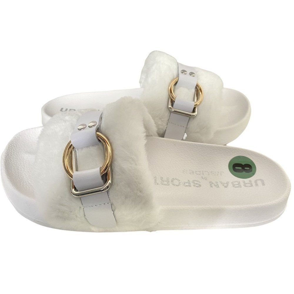 Urban Sport by J/Slides Womens 9M Gold Buckle White Faux Fur Slides Sandal NEW